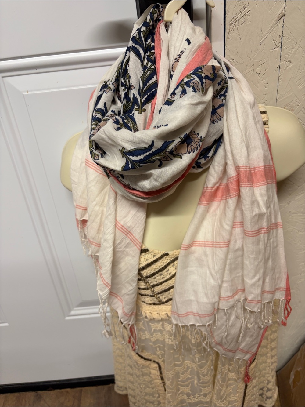 LOFT White Scarf with Navy Floral and Coral Stripe Accents